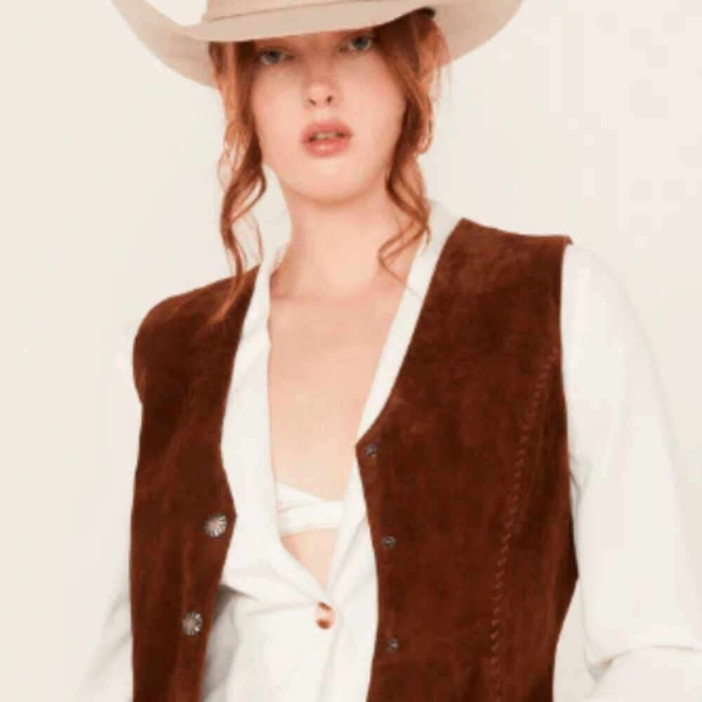 MARSH LANDING BROWN LEATHER SUEDE VEST SZ L 6 BUTTON CLOSURE Bohemian BOHO Rodeo